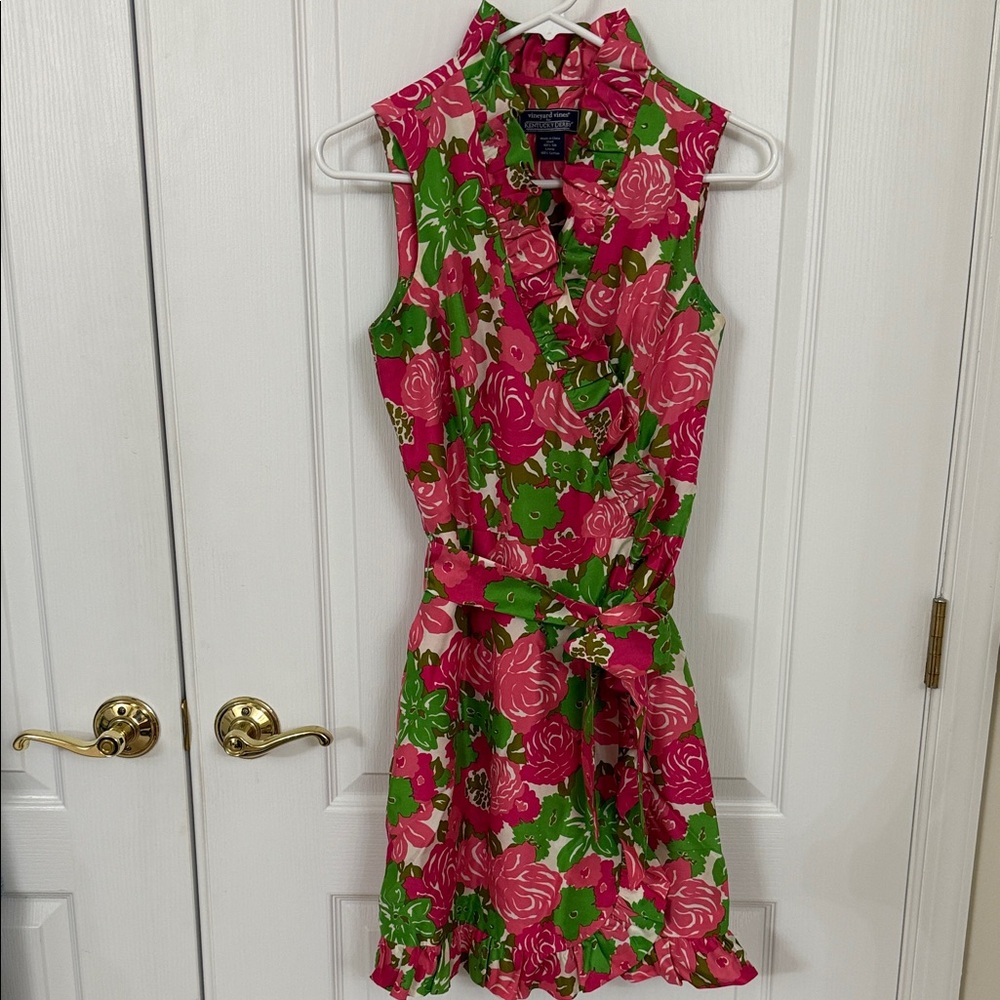 Vineyard Vines Pink and Green Floral Ruffle Dress
